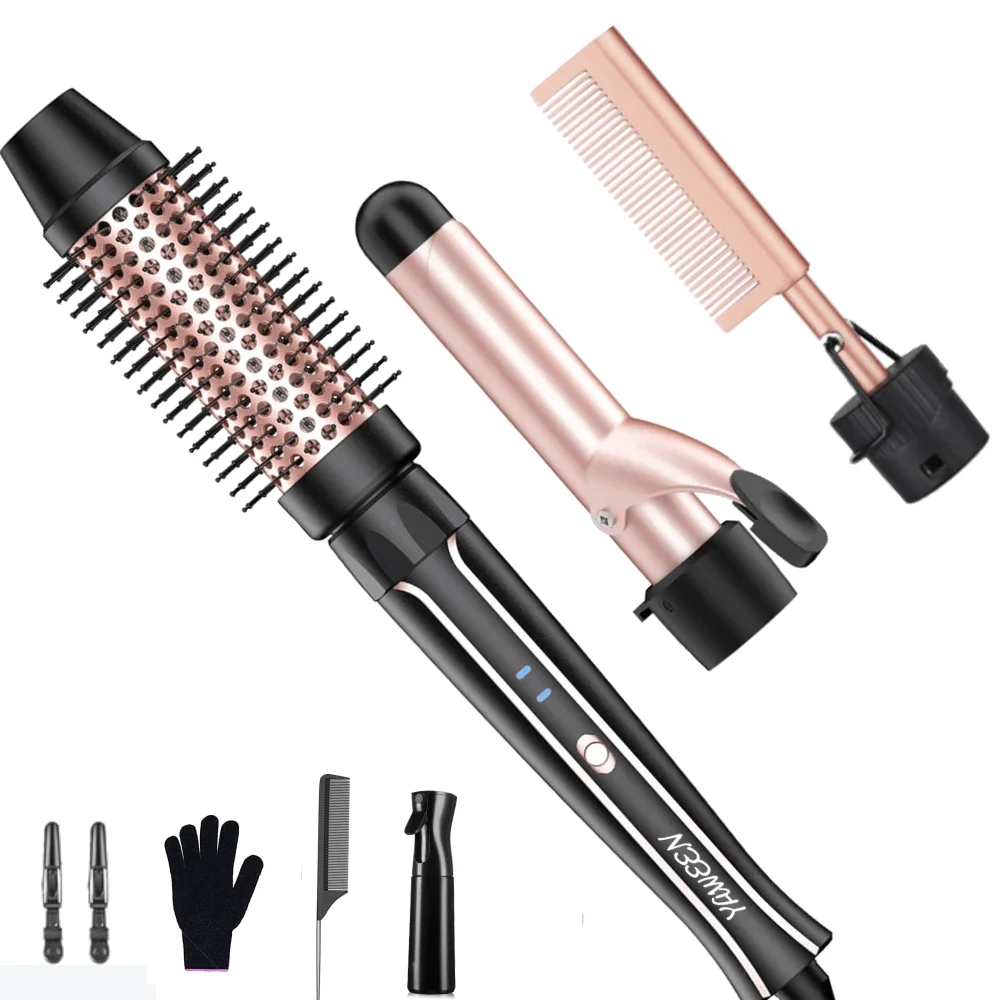3 in 1 Curling Iron with Curling Brush Professional Hair Styling Appliances Instant Heat Up Hair Straightener/Hair Curlers