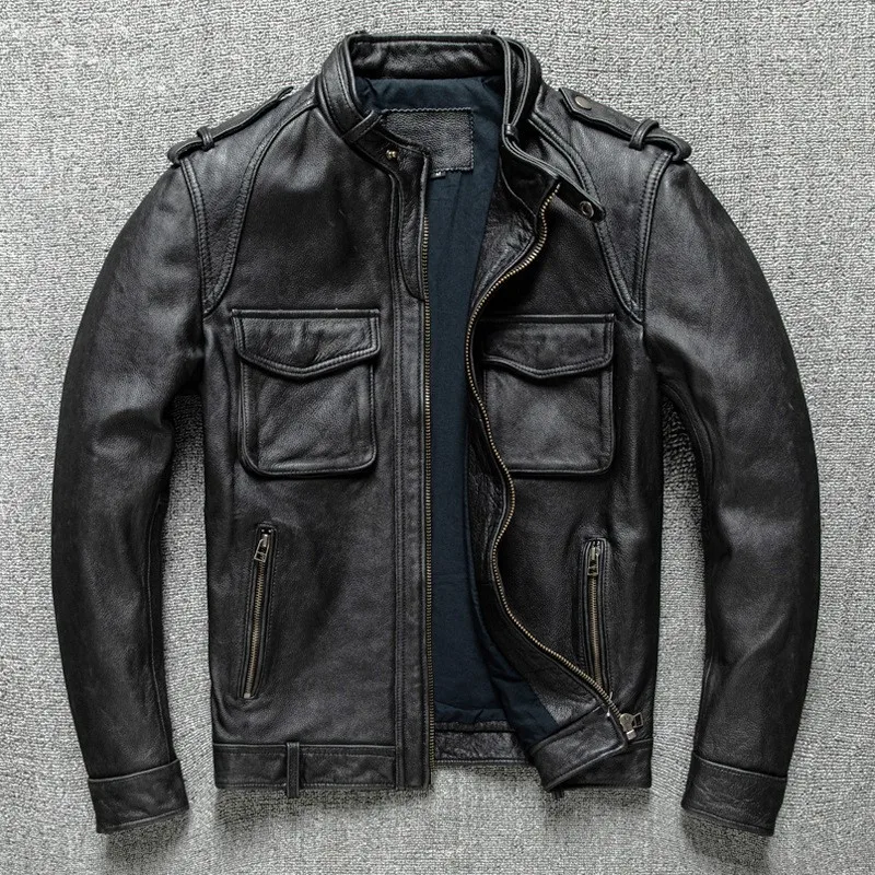 Top-grain pure cowhide leather men's short washable motorcycle suit