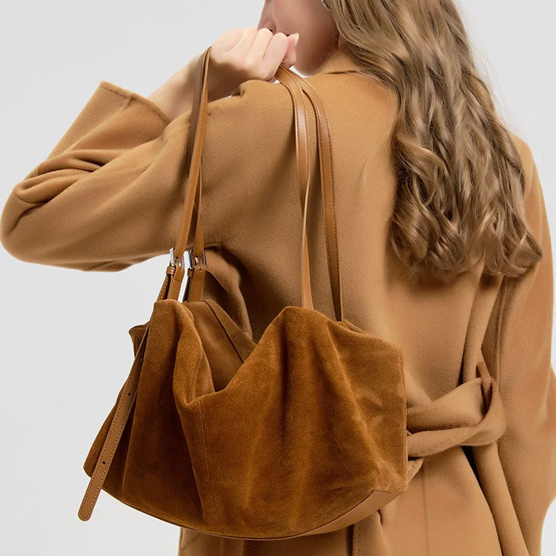 2026 New Women Vintage Luxury Tote Bag Female High Quality Suede Genuine Leather Shoulder Bags Lady Casual Versatile Handbag