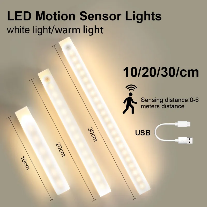 10/20/30CM Under Cabinet Light LED Motion Sensor Night Light USB Charging Magnetic Induction Lamp for Bedside Wardrobe Stairway