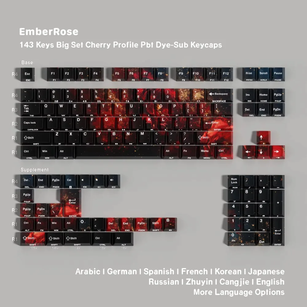 Ember Rose Keycaps Dye-Sub PBT Side Light Cherry Profile Spanish Hebrew German Russian For Mechanical Keyboard Wooting Boy  Gift