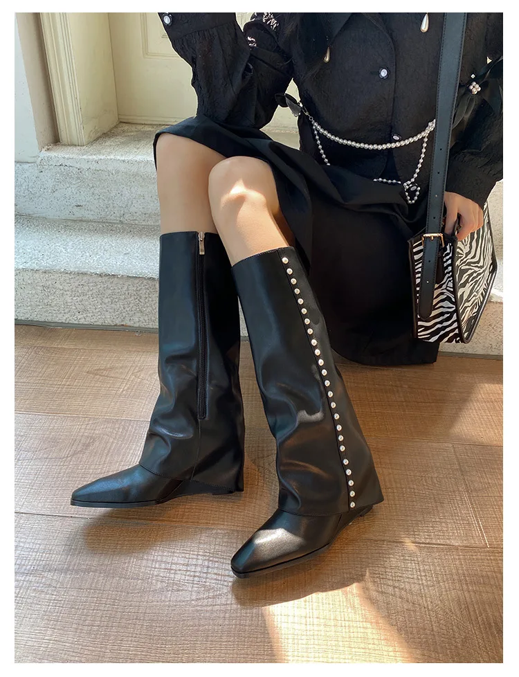 Female Designer With Wedges Shoes Women Knee High Boots Shoes Fashion String Bead Wedges Footwear Modern Ladies Long Booties