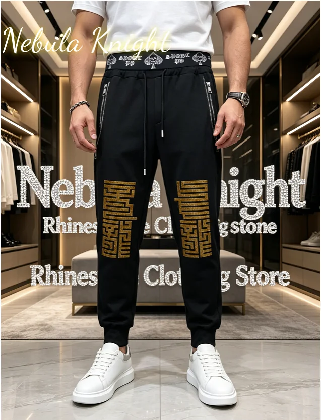 Luxury Rhinestone Men Daily Casual Pants Elastic High Waist Zipper Pocket Sweat Trousers Trendy Streetwear Summer Fashion Jogger