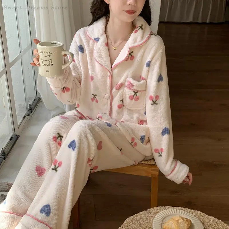 Sweet Cherry Printed Pajamas Set Winter Flannel Long Sleeved Top&Trouser Pijamas Suit Loose Casual Sleepwear Home Clothes