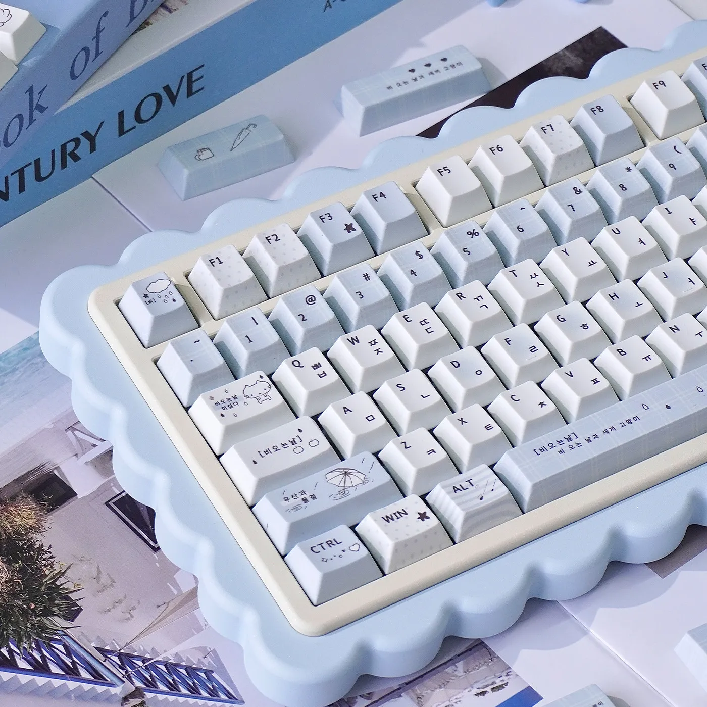 MAIMOOO Blue Rain Korean Keycaps Cherry Profile PBT Sublimation Custom Cute Cat Keycaps for 68/75/87/98/104 Mechanical Keyboard