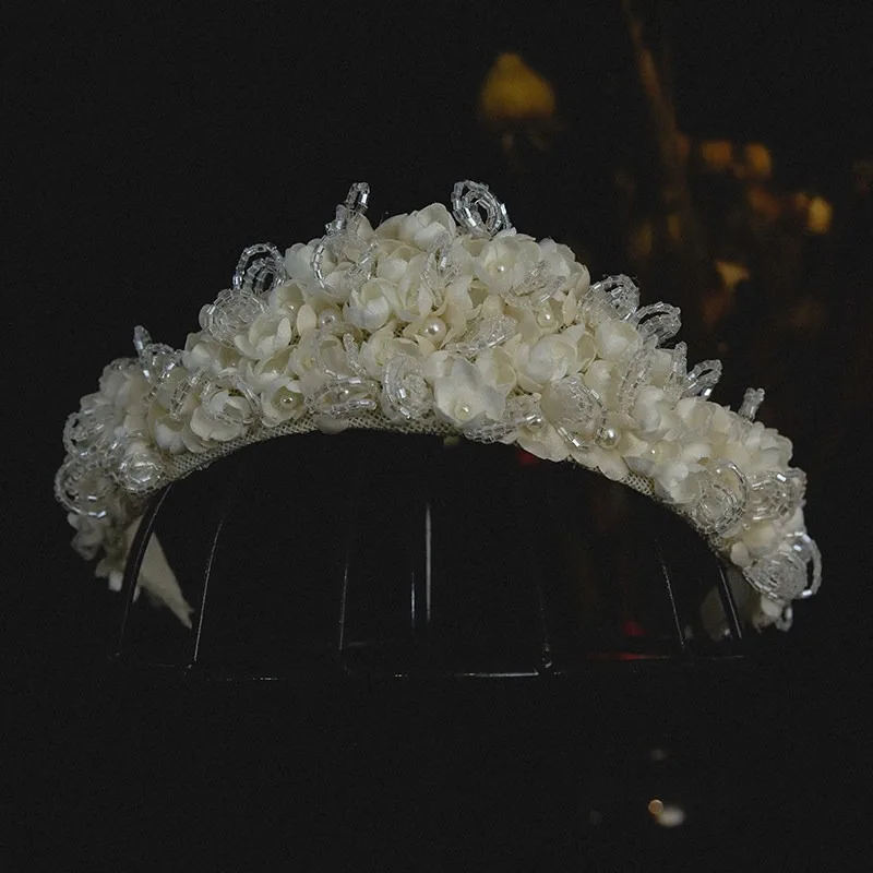Handmade lily of the valley beaded petal headband, hair crown, bridal forest-style wedding dress, travel photography headwear