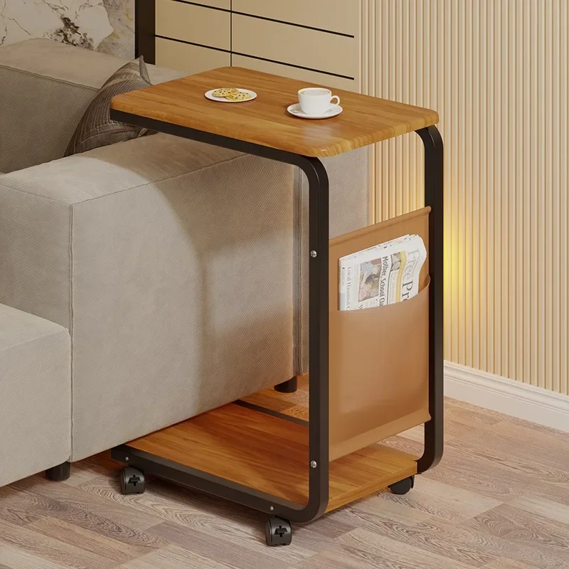 Movable side table with pulley Small coffee table Sofa side table Drinking water Drinking tea Bedside shelf Simple living room