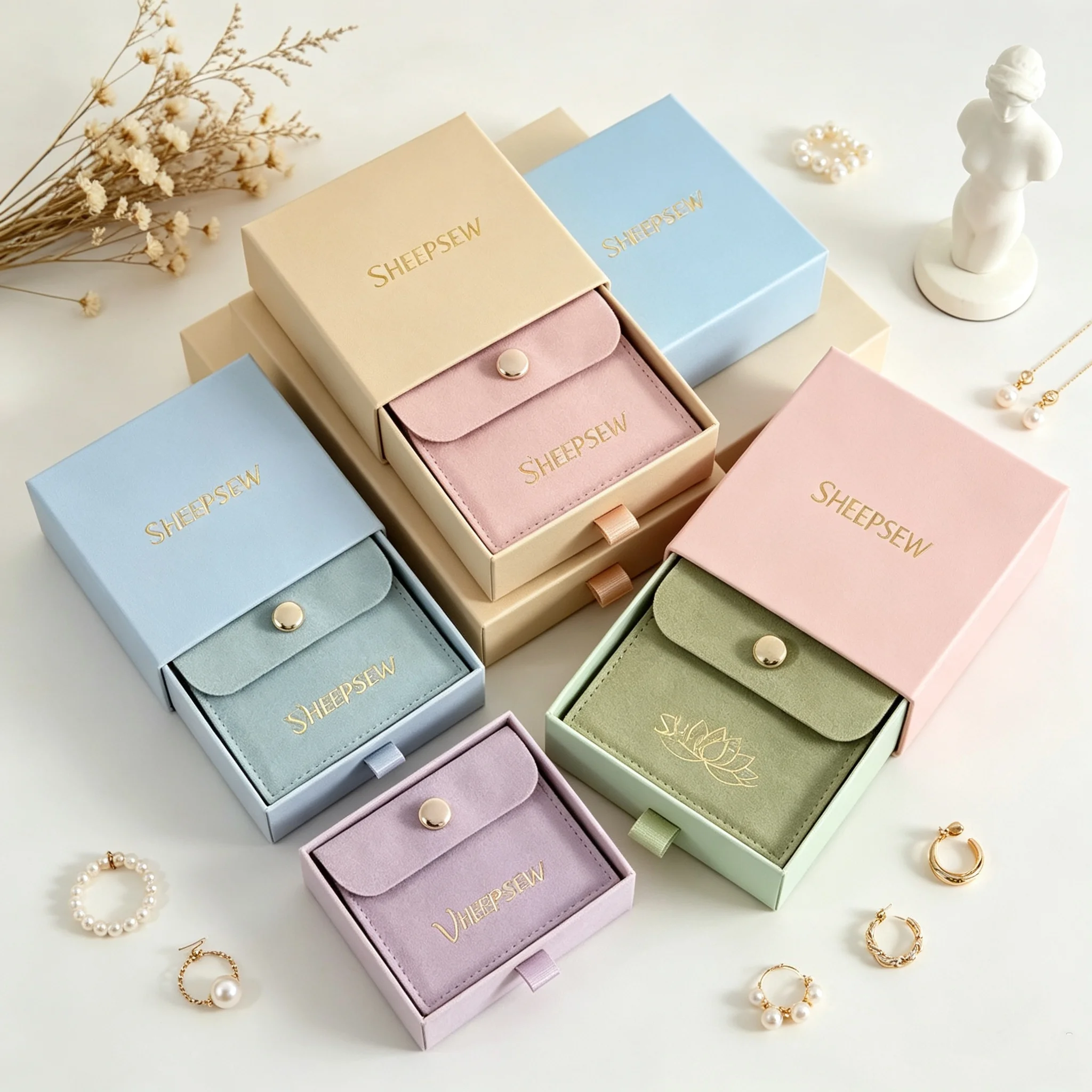 SHEEPSEW 24Pcs Paper Drawer Jewelry Gift Box Personalized Custom Logo With Microfiber Button Snap Pouches For Earrings Rings Wed