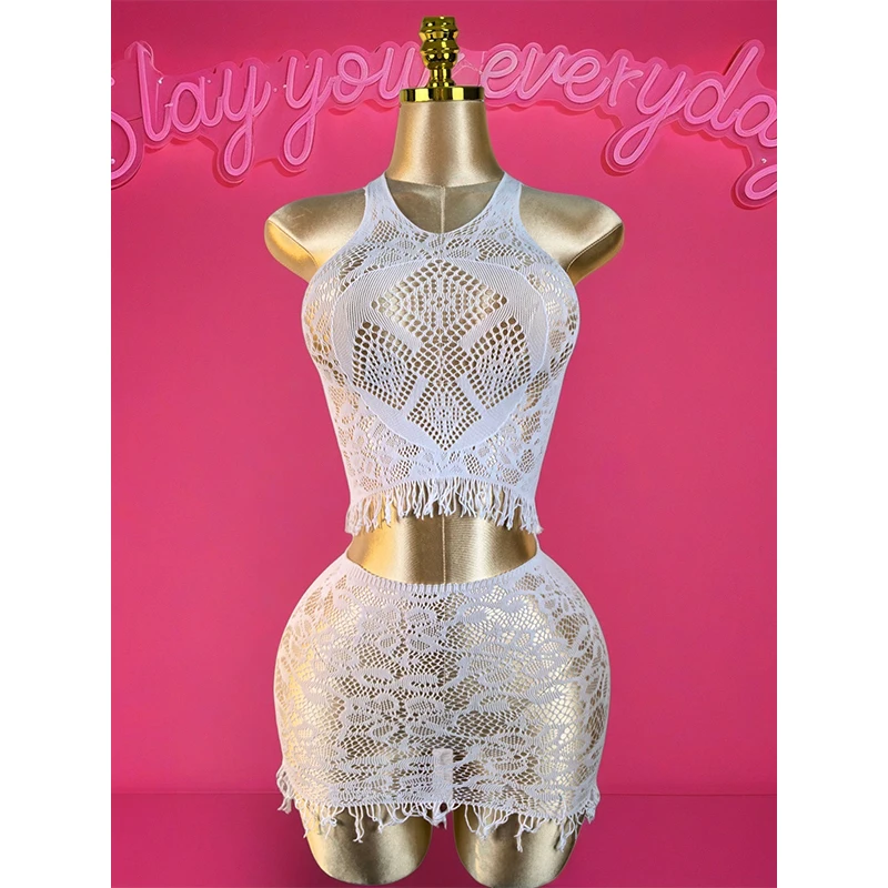 1 Set  Sexy Women Fishnet Cover Ups Hollow Out Bodycon Women's Swimwear See through Tassel Dress without Bikini Beachwear DS041