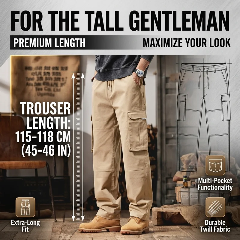 Tall Guys Extra Long Cargo Pants Men 115cm-118cm 7XL 8XL Pockets Cotton Big and Tall Straight Loose Stretched Tactical Trousers