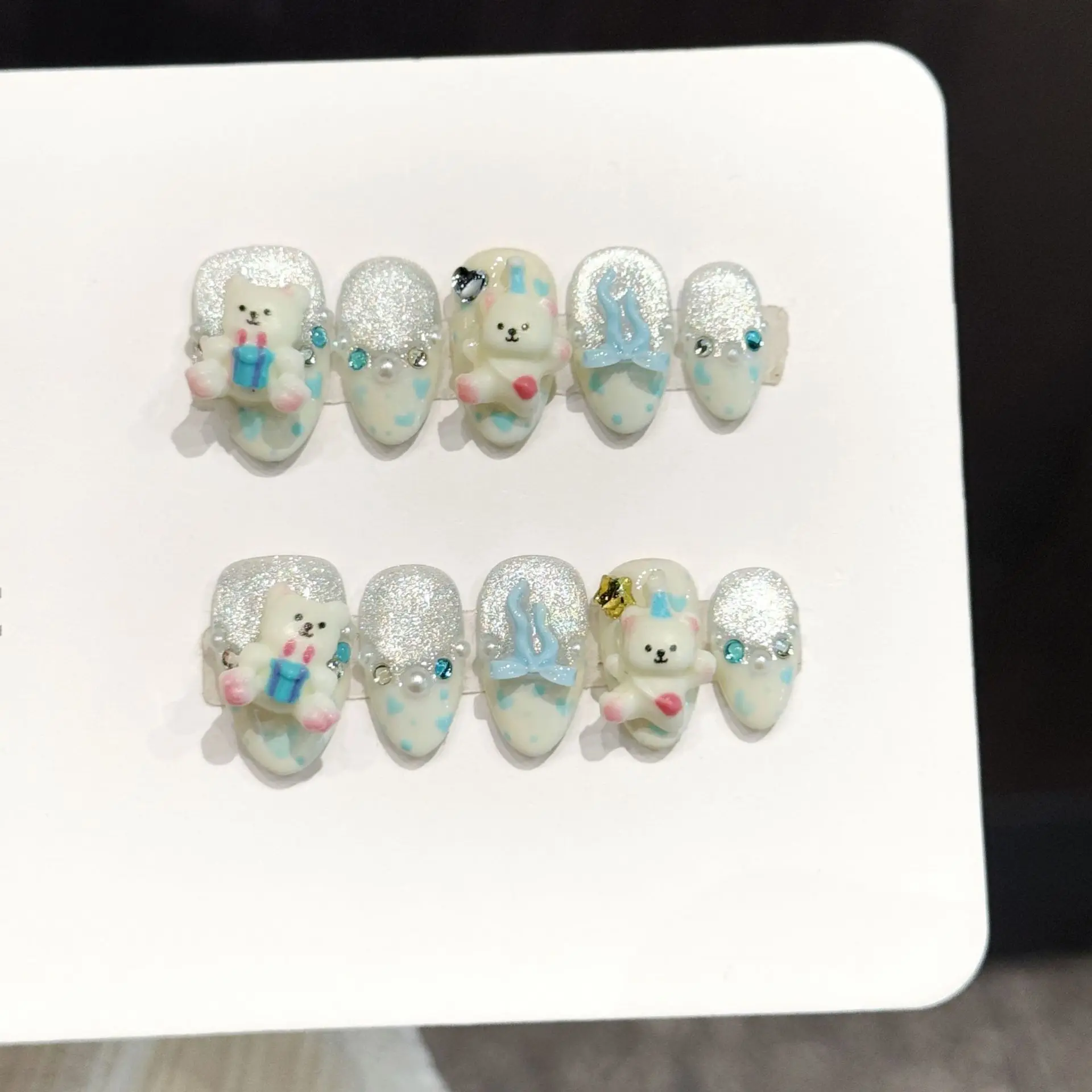 10pcs Handmade Fake Nails Short Almond Lovely Bear Press On Nails French Sweet Cartoon Design Summer Style