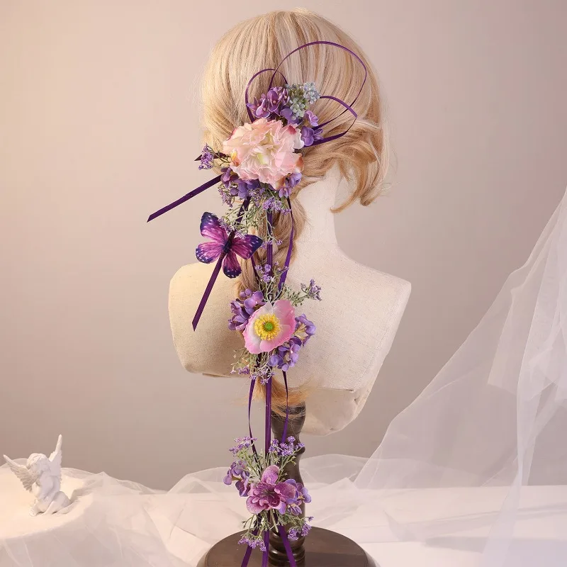 New Chinese hairpin hair accessories, ancient braided hair, pink and purple simulated flower hairpin, bamboo braided back pressu