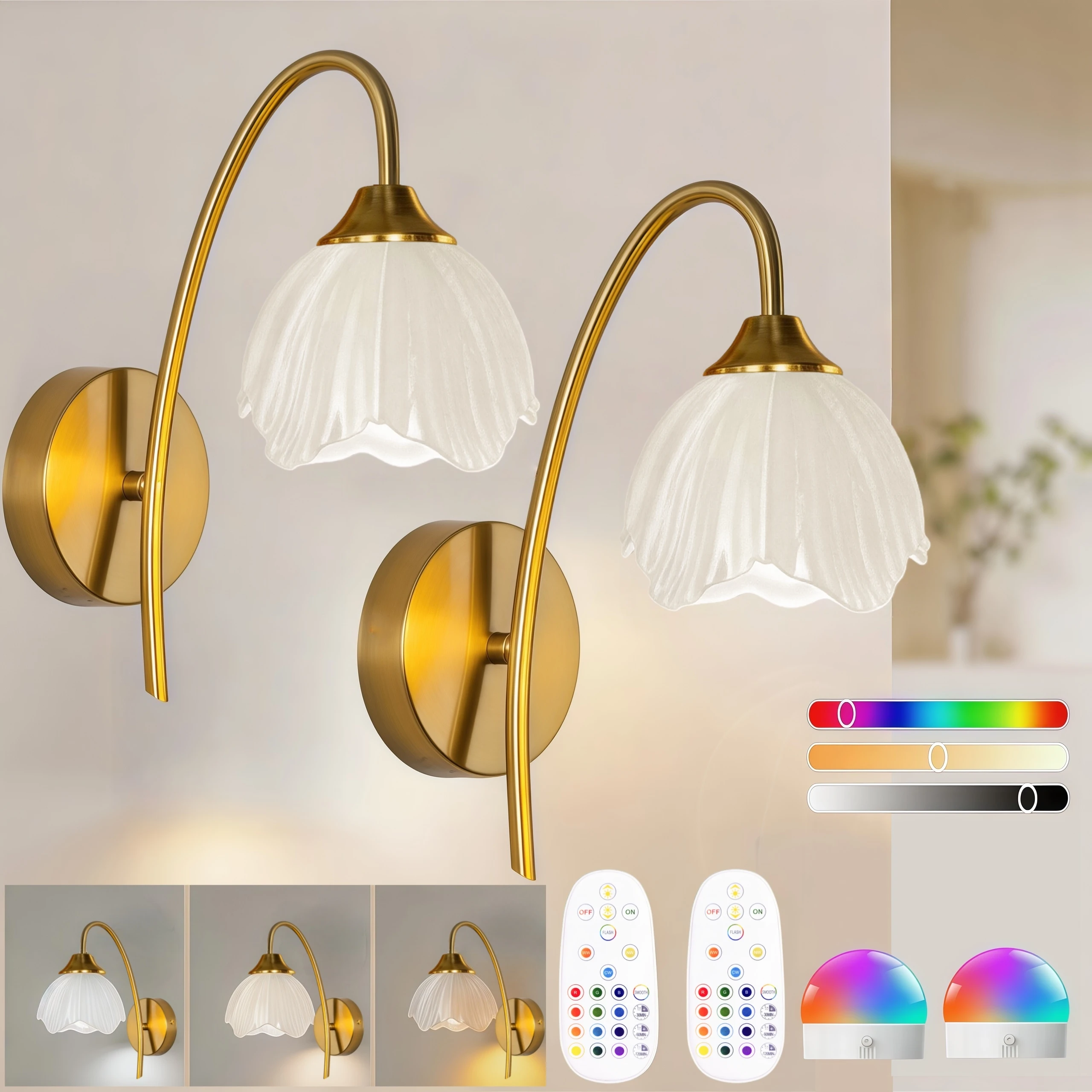Battery-Powered Wall Light, Gold Wireless Charging Wall Light with 2000Mah Dimmable Detachable Bulb and Remote Control, 15-Color Wall Light for Wall Decoration, Suitable for Bedroom, Living Room, Hallway
