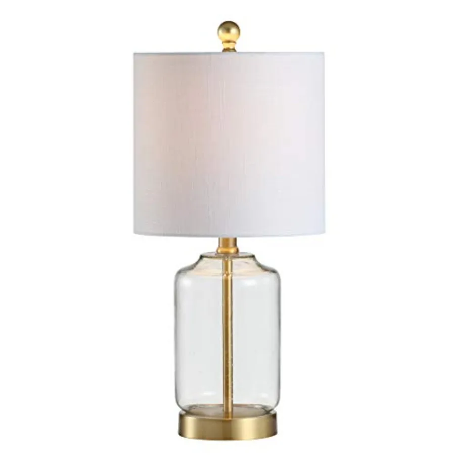 JONATHAN Y 19.5" Brass Gold and Clear Glass Table Lamp, Glam Transitional Bedside Lamp for Living Room Nightstand, White Linen