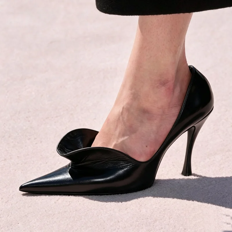 Ruffled Decoration Cover Heels Pumps Sexy Pointed Toe Stiletto Suede Leather Custaomized New Arrivals Fashion Women Runway Shoes