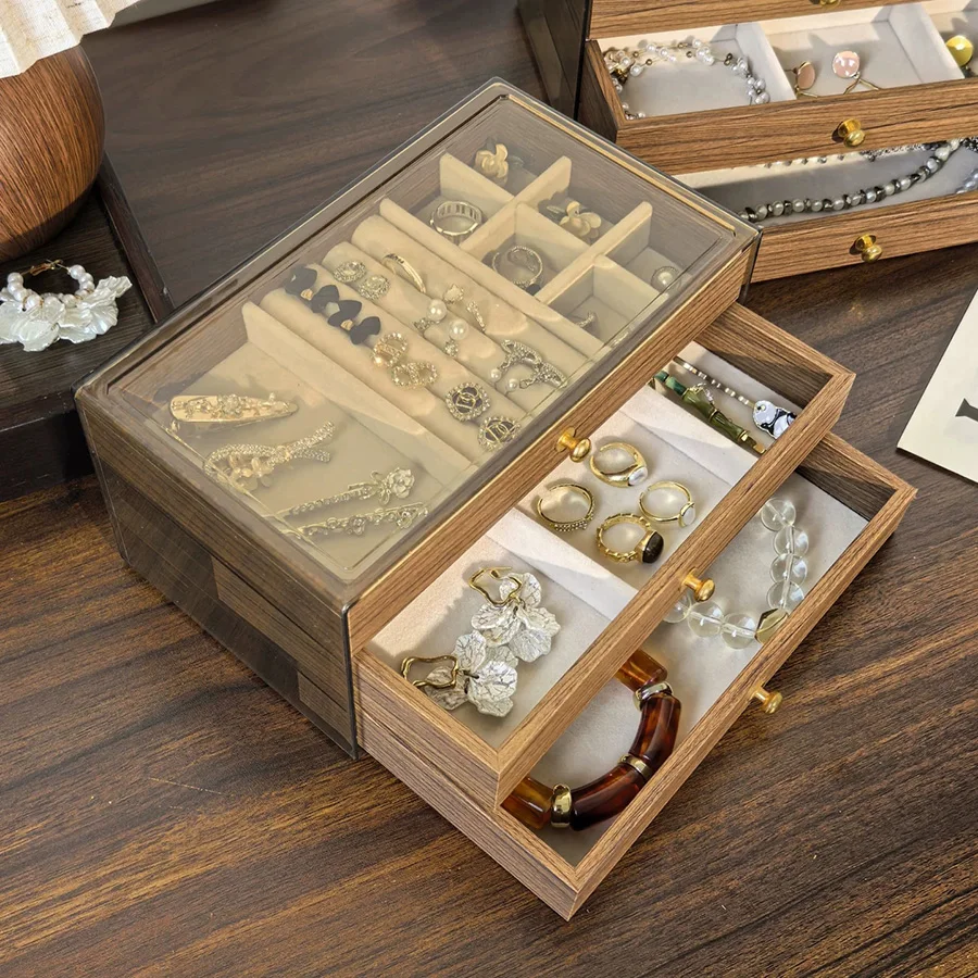 High-end Exquisite Jewelry Box Walnut Wood Grain Multi-layer Large Capacity Storage Box for Studs, Earrings, Necklaces, and Ring