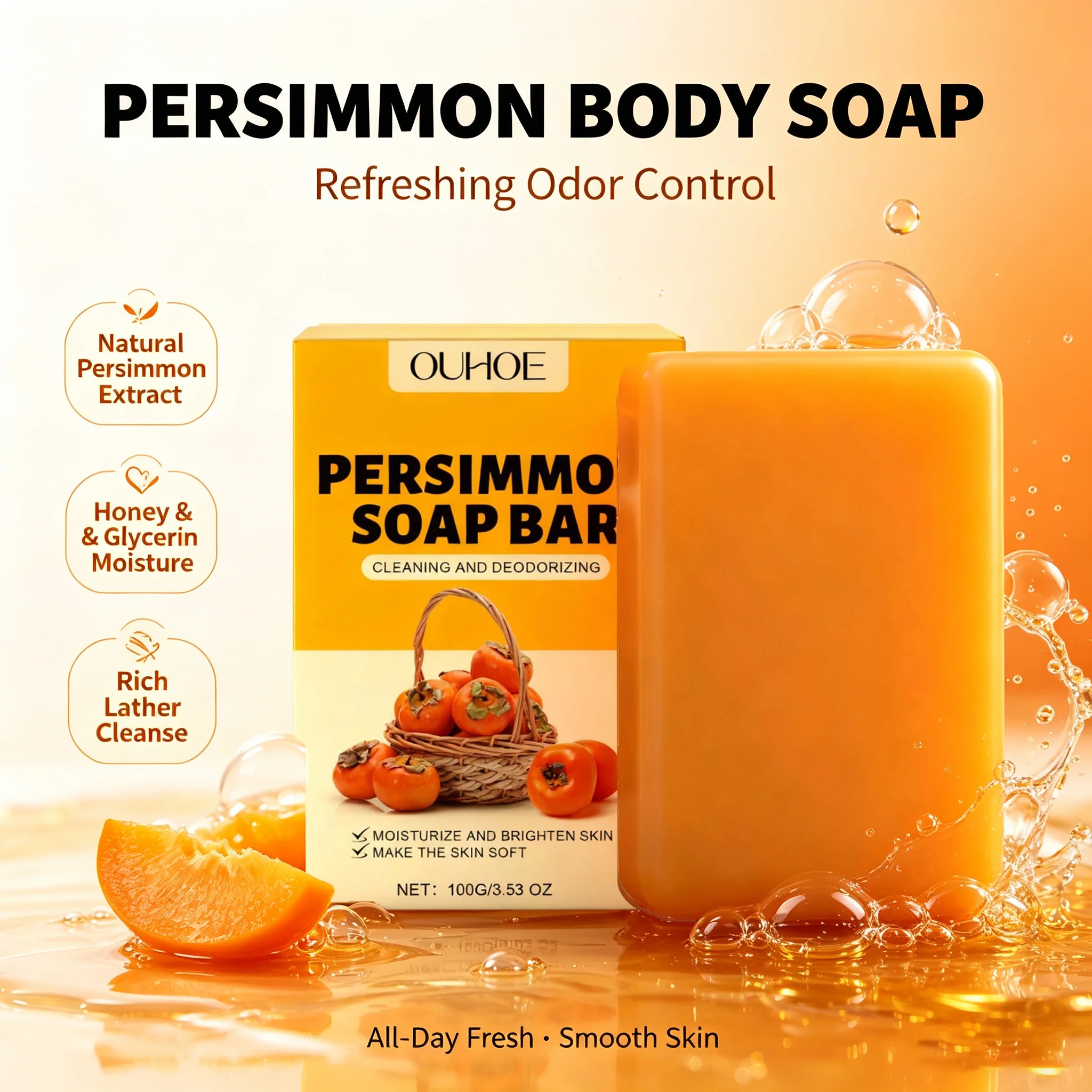 Refreshing Persimmon Cleansing Soap Bar Gentle Cleansing Moisturizing Deodorizing Purifying Natural Body Odor Wash Bar Smooth