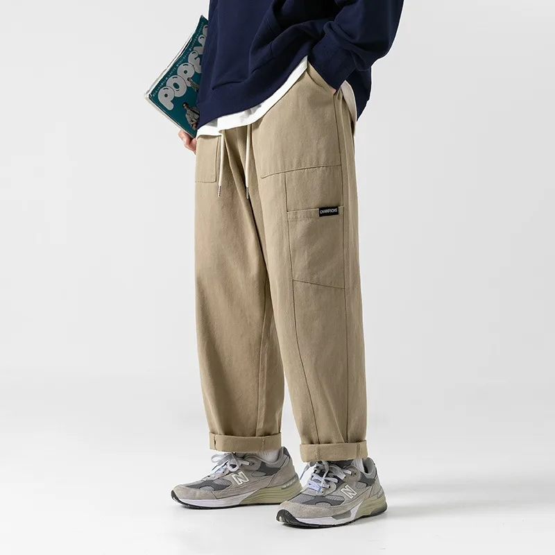 Men's Japanese Style Cargo Pants Casual Loose Straight Trousers with Drawstring Waist