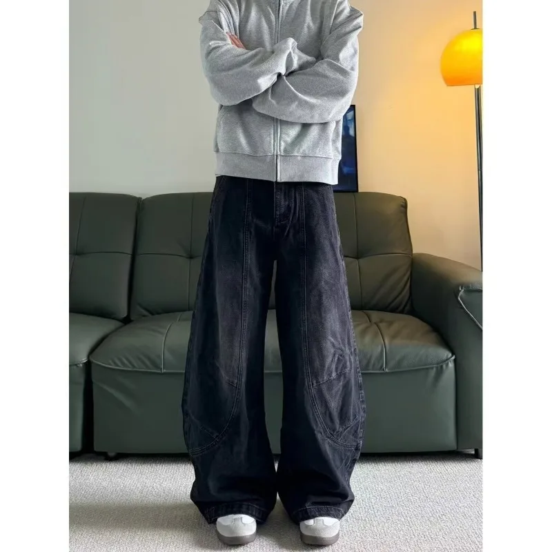 Men Black Washed Wide Leg Jeans Stitching Design Loose Baggy Casual Denim Pants