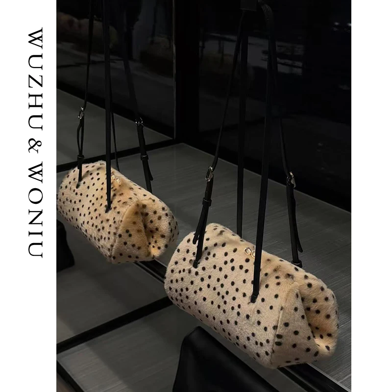  Leopard Print Polka Dot Fur Bowling Bag Women's Handheld Single Shoulder Bag Fashionable Deer Pattern Underarm Bag
