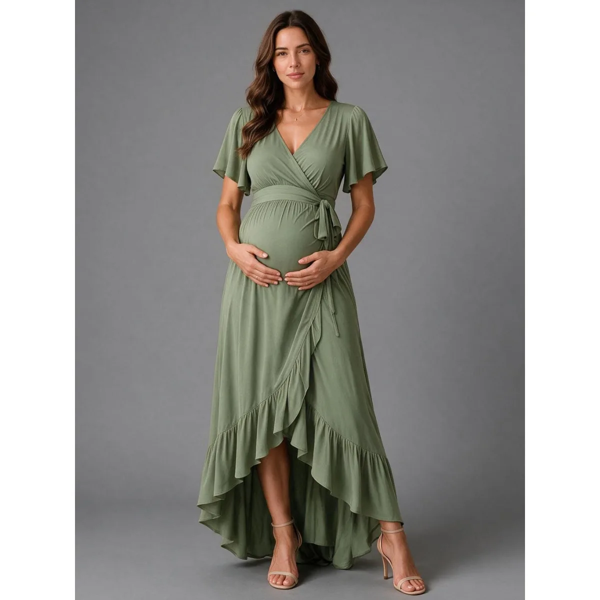Olive Green High-Low Ruffle Hem Maternity Dress For Baby Shower