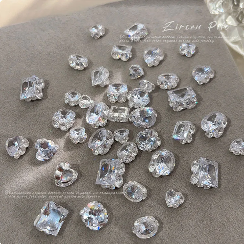 10pcs Clear Crystal Nail Art Rhinestones 8-12mm Heart & Square Shape Flatblack Gems for DIY Manicure Decorations