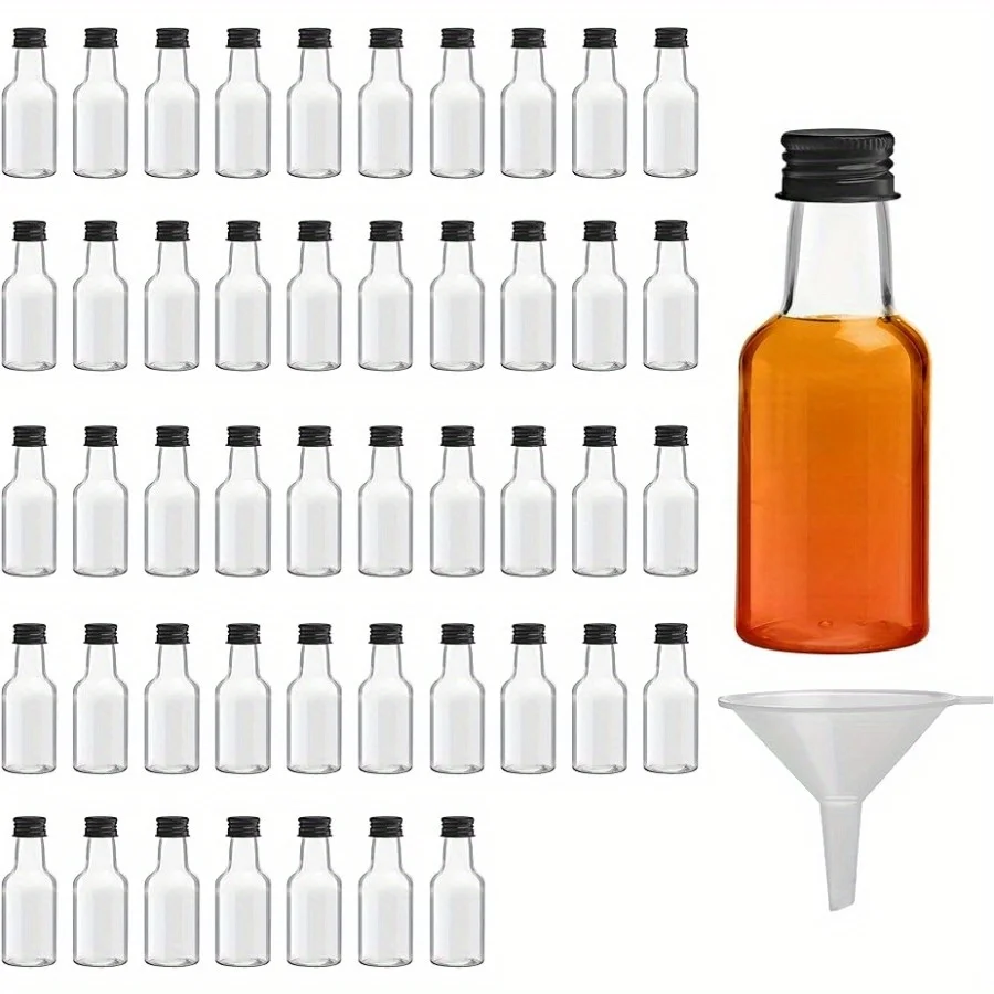48pcs Mini Liquor Bottles Reusable Mini PET Plastic Bottles 25ml (0.85 Fl Oz) Spirit Bottle With Black Screw Cap, Liquid Funnel