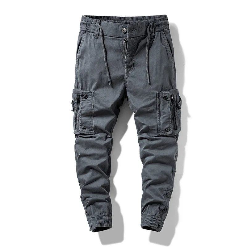 Pop 2025 American Style New Fashion Men's Solid Color Casual Trendy Multi Pocket Drawstring Jogger Trousers Male Cargo Pant Clot