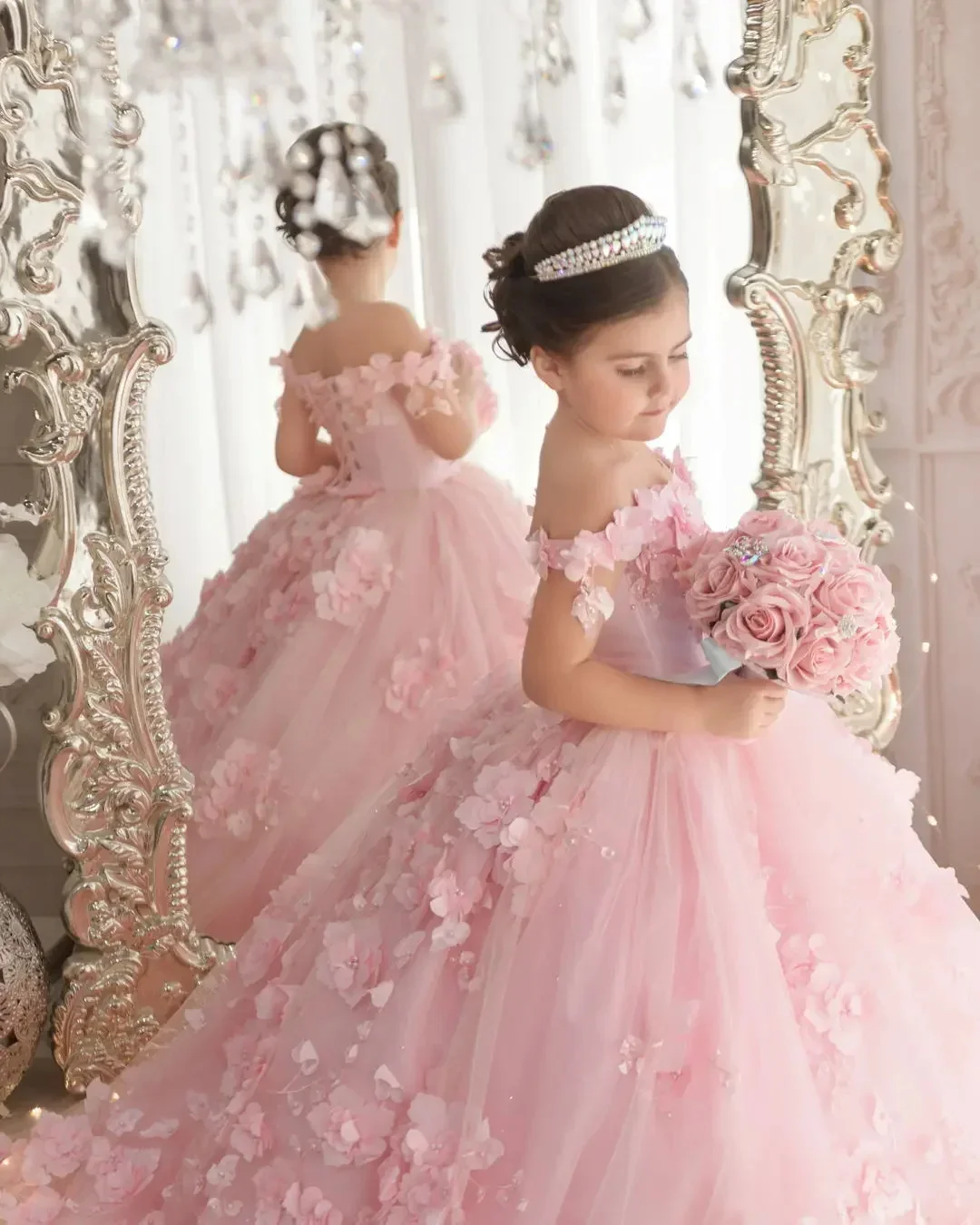 Pink 3d Applique Flower Girl Dress for Wedding Off Shoulder Pearls Tulle Child First Eucharistic Birthday Party Dress Customized