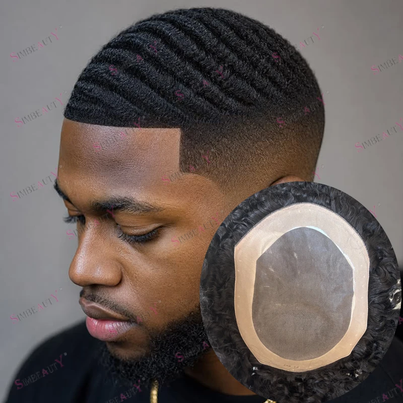 African American Black Man's Human Hair NPU Mono Base Toupee Natural Hairline Super Durable Hairloss Men 10mm 360Wave Hairpieces
