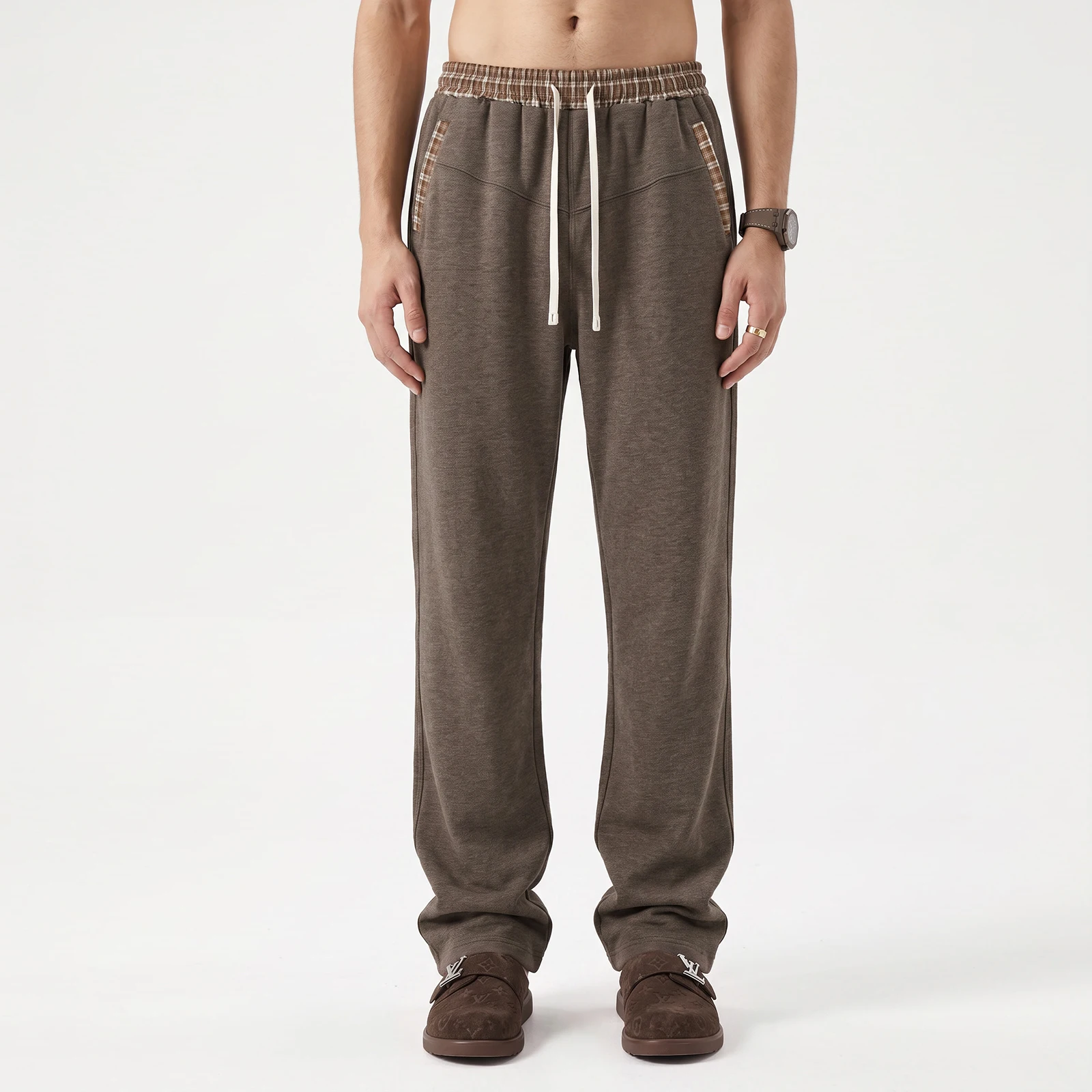 Plaid Patchwork Joggers Pants for Men Oversized Sweatpants Retro Drawstring Checks Waist Baggy Casual Track Pants Quiet Luxury