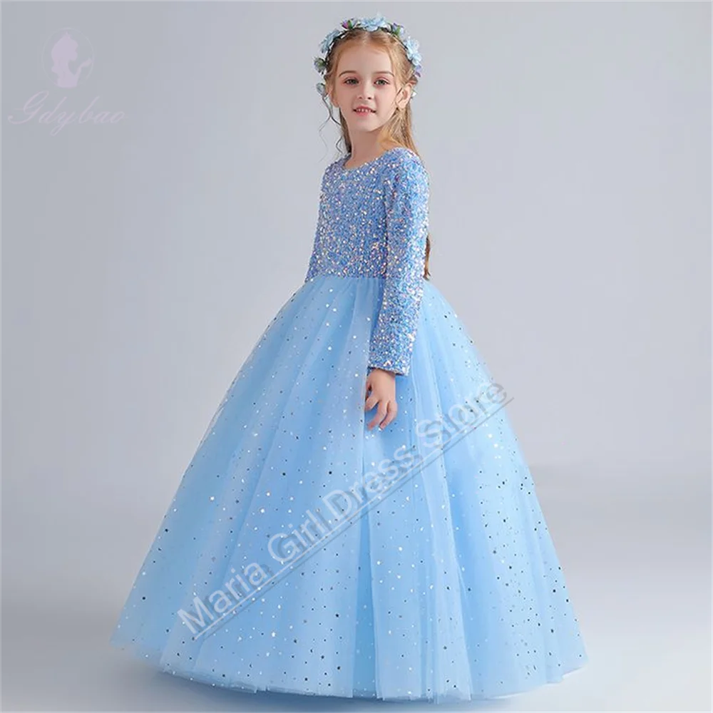 Sparkling Flower Girl Dress Wedding Long Sleeve Elegant Princess Dress For Formal Occasion First Communion Beauty Pageant