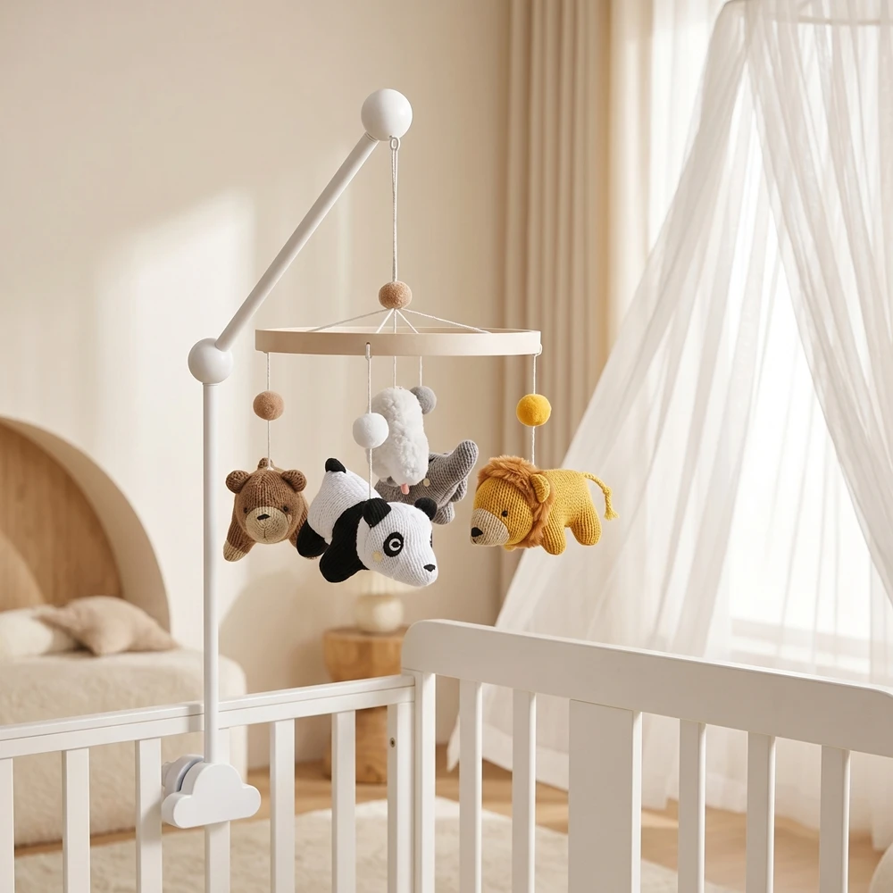 Baby Crib Mobile Rattle Toys For 0-12 Months Cartoon Crochet Animals Bed Bell Hanging Wooden Bracket Mobile Newbaby Rattle Toys