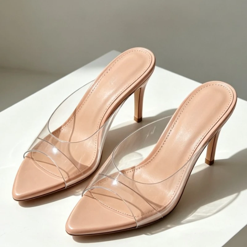 Concise Transparent PVC Detail Mules Women's Sandals Summer Sexy Pointedtoe Open Toe Slip on High Heels Luxury Designer Shoes