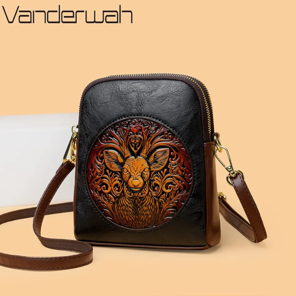 Vintage Deer Head Embossed Distressed Leather Crossbody Bag Multi-Pocket Mini Versatile Bag for Daily Commute Artistic Style