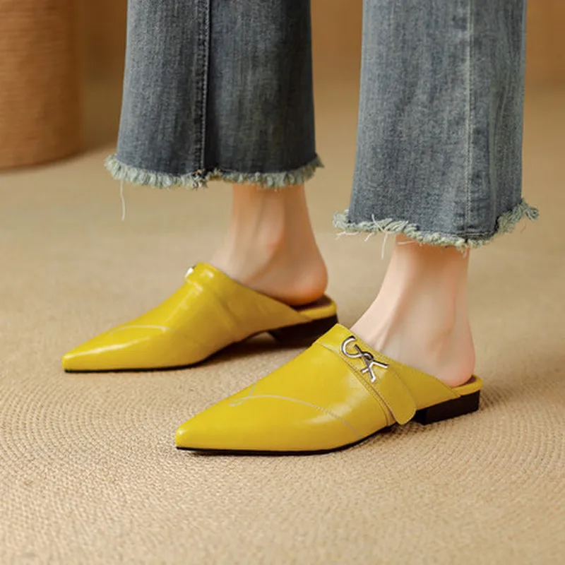 Women Sheepskin Pointed Mule Slippers Metal Decor Square Low Block Heel TPR Sole Pig Slip On Spring Summer Shoes F326