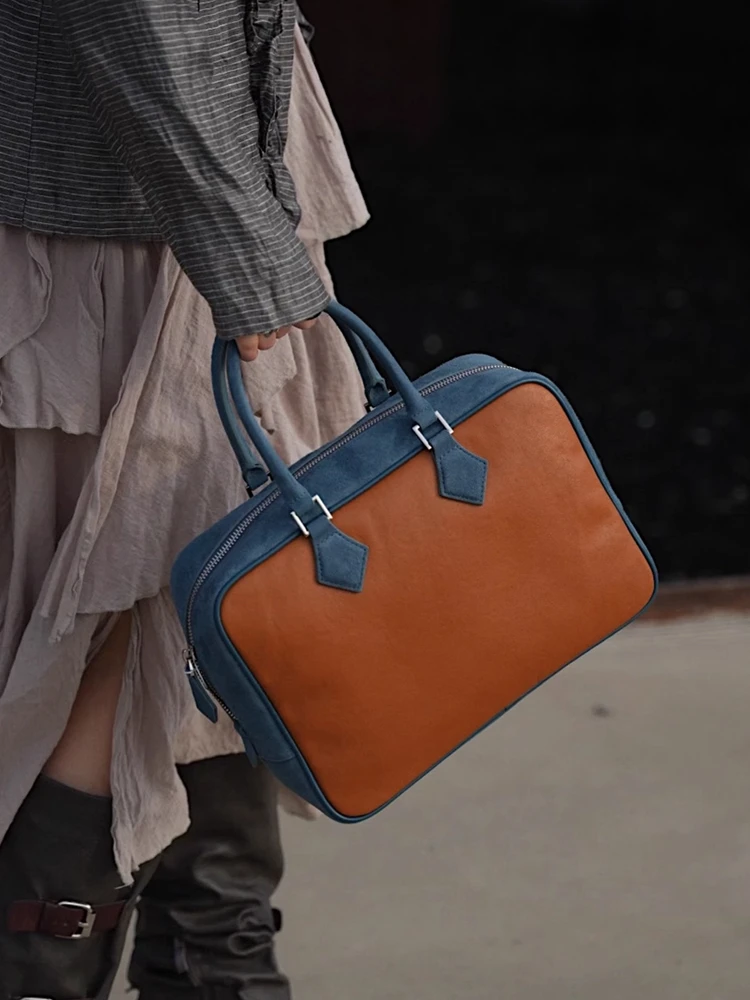 Fashion Hit-Colors Retro Simple Real Leather Tote Box Bag Women Genuine Leather Bag\Handbag Shoulder Commuter Briefcase Bag