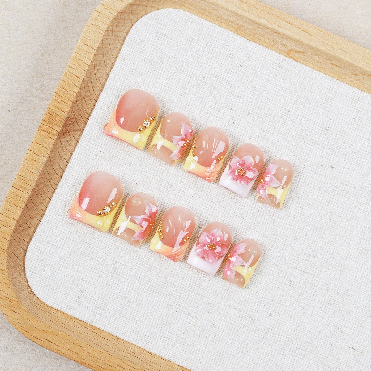 10pcs Y2K Handmade Press On Nails, Pink Yellow French Tip, 3D Bow Rhinestone Floral Short Square Fake Nails for Women
