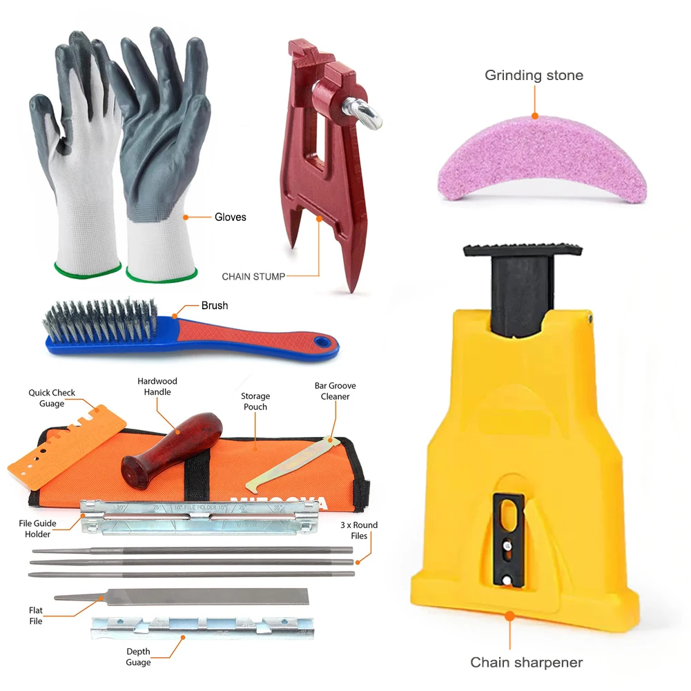Complete Chainsaw Sharpening Kit, Handheld Chain Saw Sharpener Tool with File Guide & Gloves for Logging