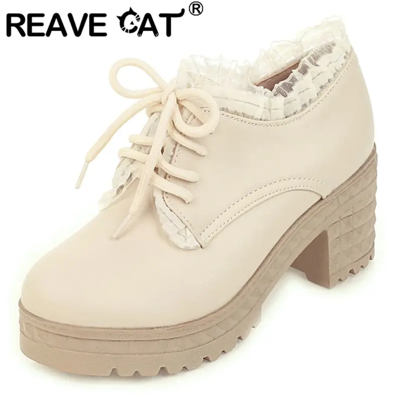 REAVE CAT Ladies Shoes 2026 Sweet Women Pumps Round Toe 7cm Chunky Heels Lace Up Office Lady Soft Shoes Big Size 43 44 45 46
