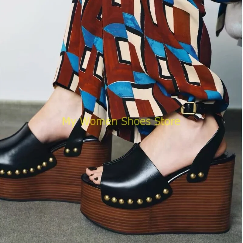 Platform Wedges Black Leather Sandals Ankle Buckle Strap Open Toe Runway 2026 Summer Women Dress Shoes Custom Made