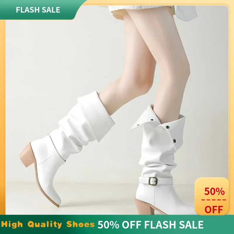 Women Korean Style PU Mid Calf Cowboy Boots Pointed Toe Block Heel Ruched Buckle Strap Rubber Sole White Fashion Boots F198
