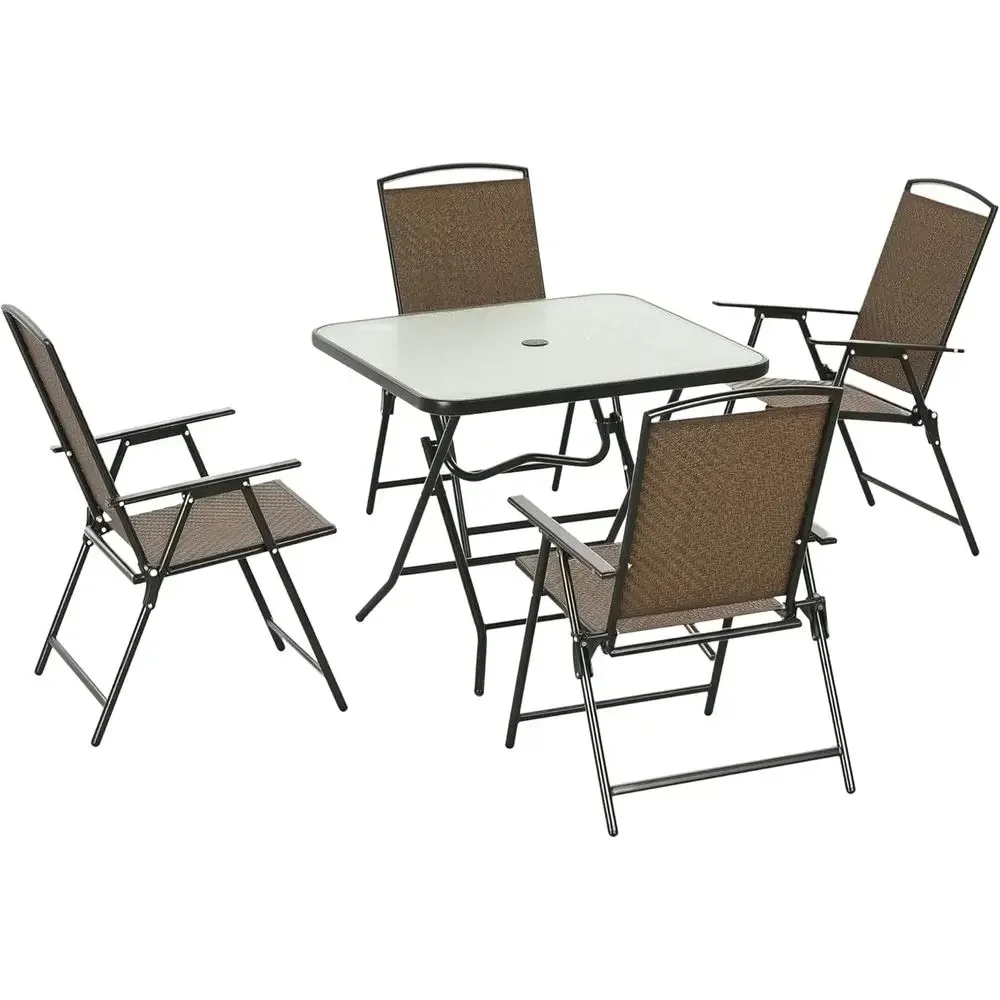5-Piece Wicker Outdoor Dining Set with Tempered Glass Table and Umbrella Hole, Brown