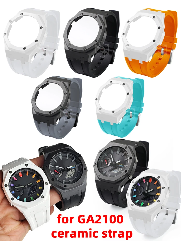 Upgraded GA2100 Mod Kit for Casio G-SHOCK | Ceramic Bezel & Soft Fluororubber Band | Durable Men's Watch Case + DIY Strap Set