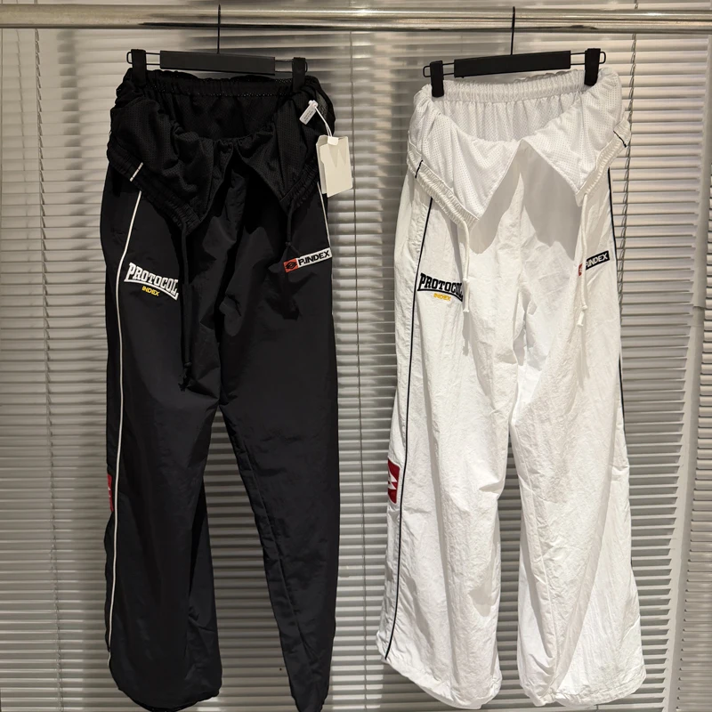Protocol Index Heavy American Casual Patchwork Nylon Stripe Logo Embroidered Loose Straight Leg Flip Waist Sports Pants Both
