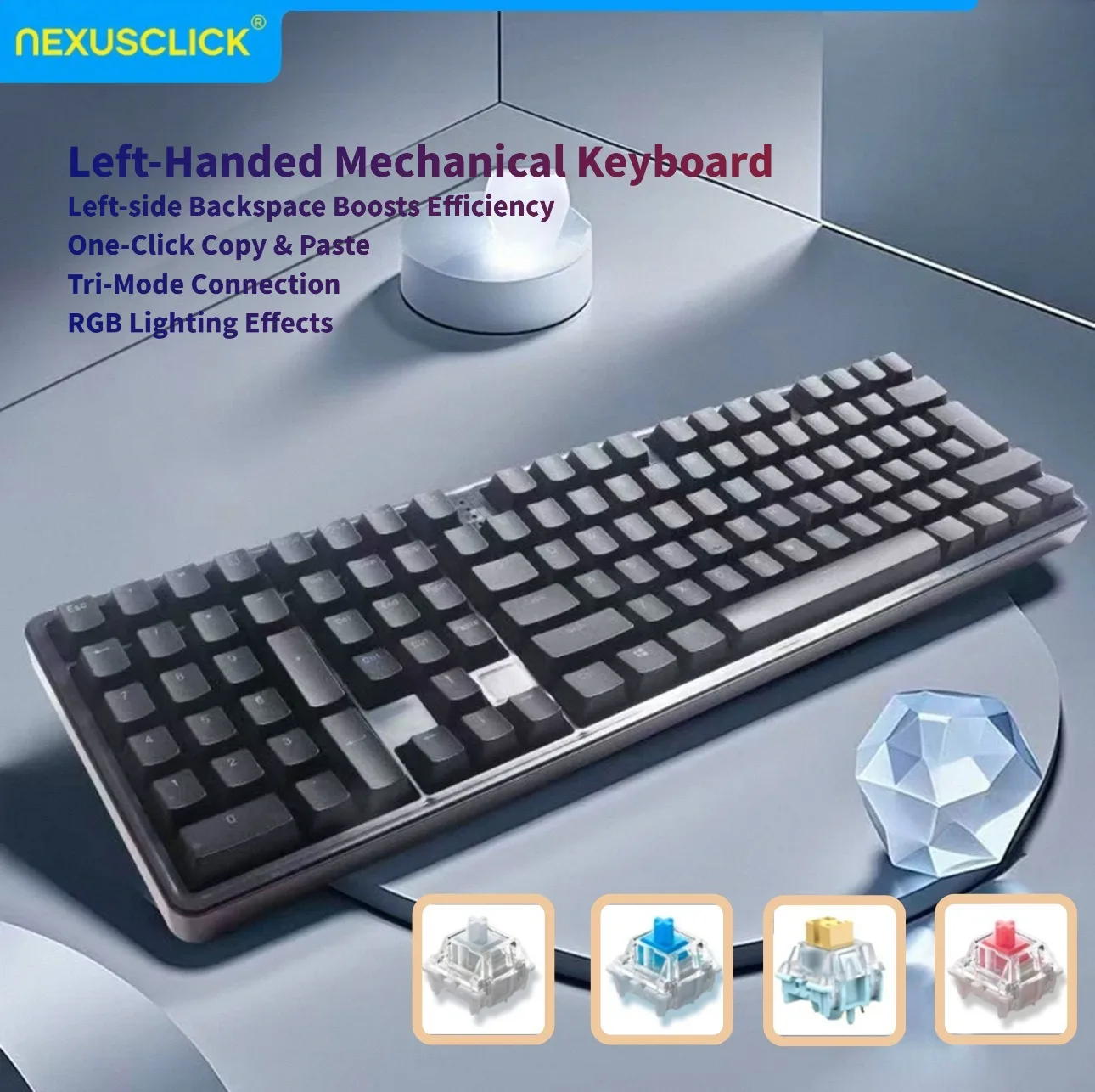 NexusClick Ergonomic Left Handed Used Mechanical Keyboard,111Key Wired Wireless Left Number Pad for Gaming Designer Daily Office