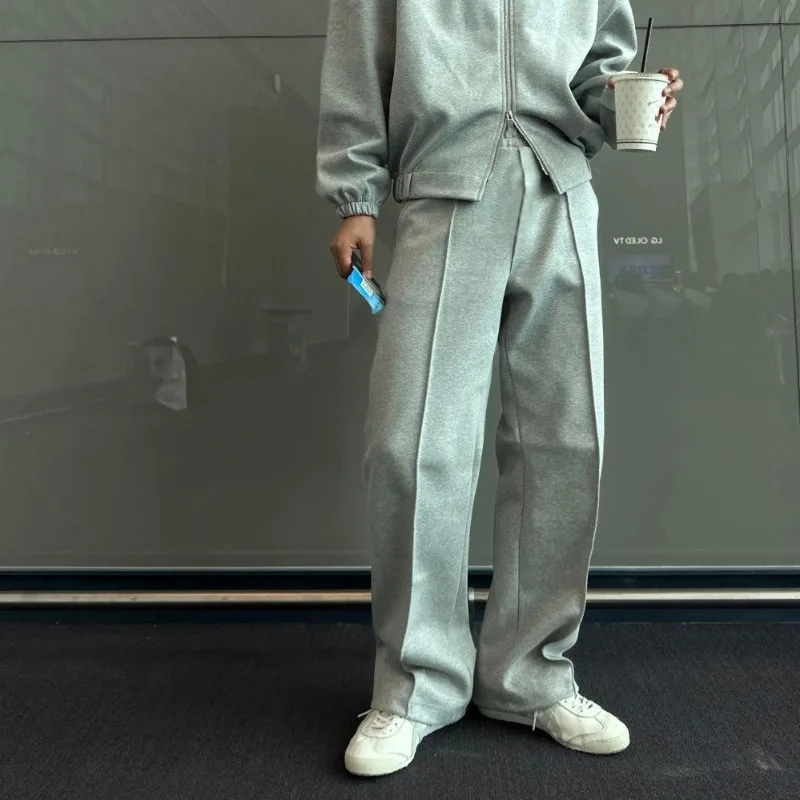 Men High Waist Wide Leg Pants Stitched Seam Loose Straight Casual Trousers