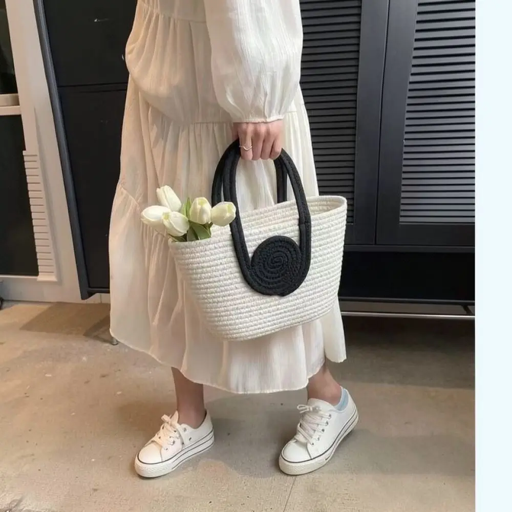 Fashion Woven Cotton Rope Bucket Tote Large Capacity Summer Beach Handbag Casual Vacation Women Shoulder Purse Bag
