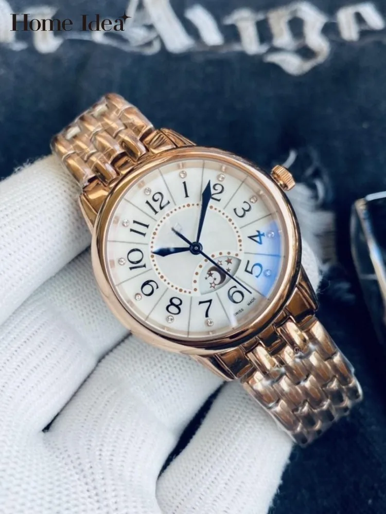 Office Laides Elegant Fashion Round Quartz Watch Design Stainless Steel Moon Phase Luxury Diamonds Women Exquisite Wristwatch