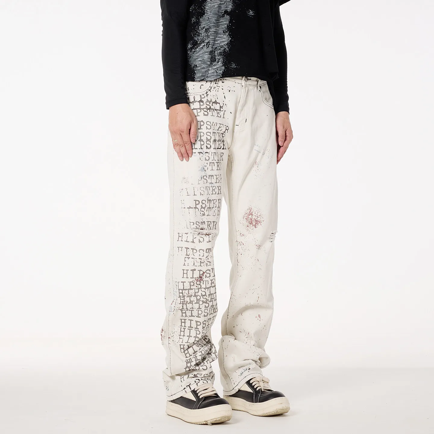 Fashion American Retro High Street Poster Brush Print Paint Knee Ripped Leisure Loose Straight Jeans